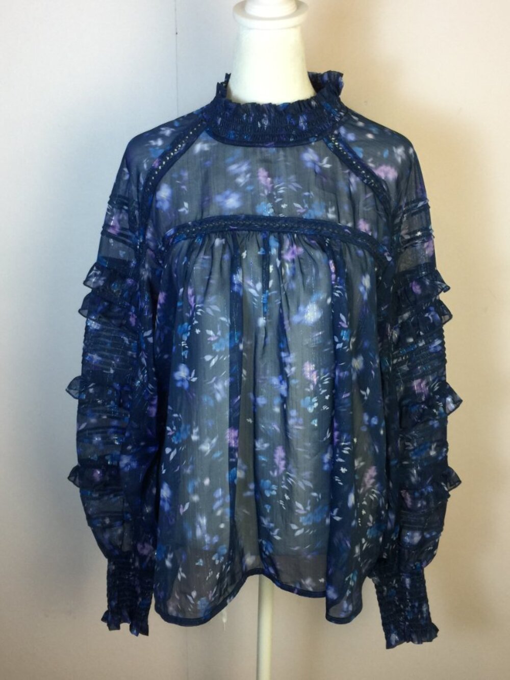 French Connection Blouse Top Sz L Womans Blue Floral Metallic Ruffle Long Sleeve